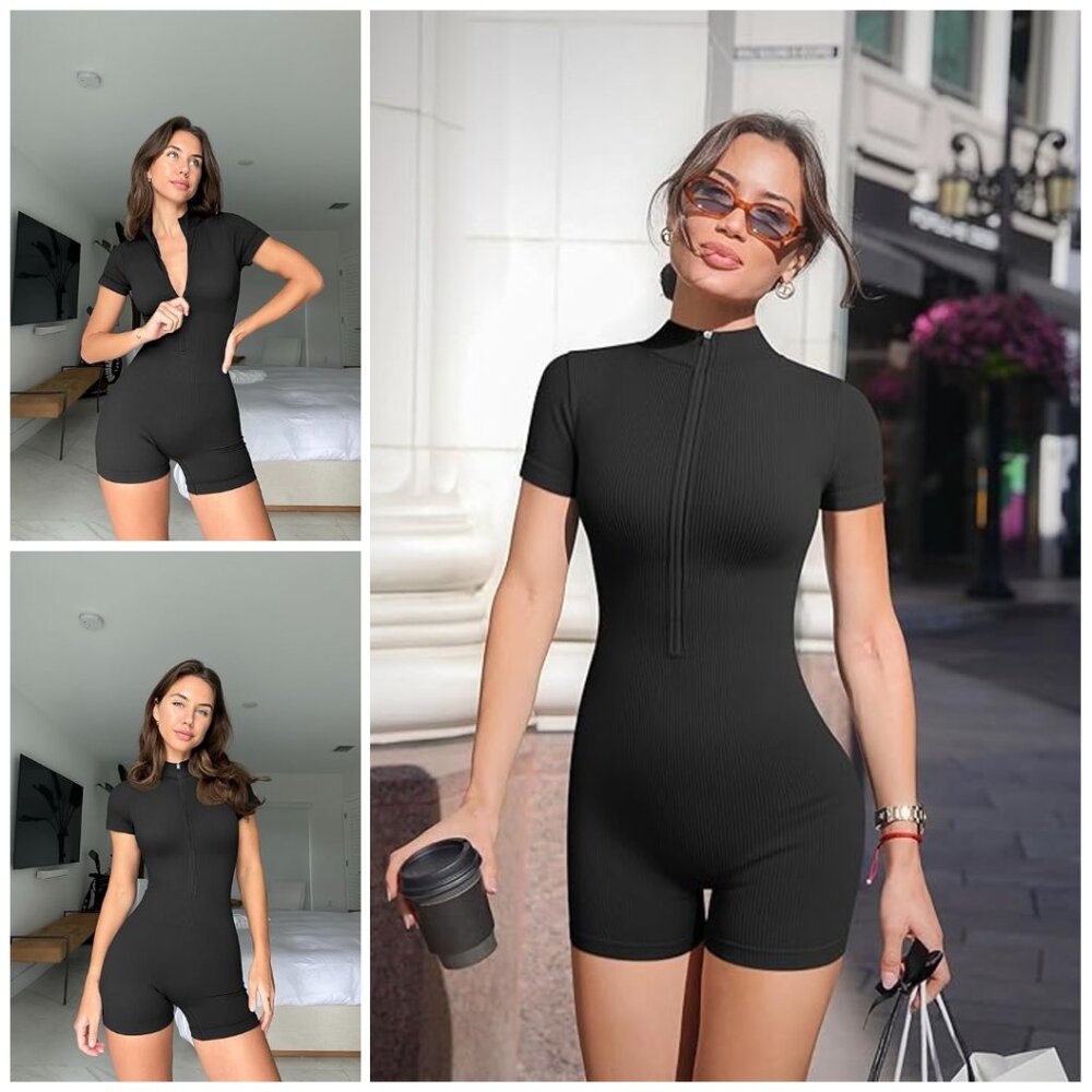 Women Rompers Ribbed Short Sleeve Zip Front Stretch Tummy Control Yoga Workout